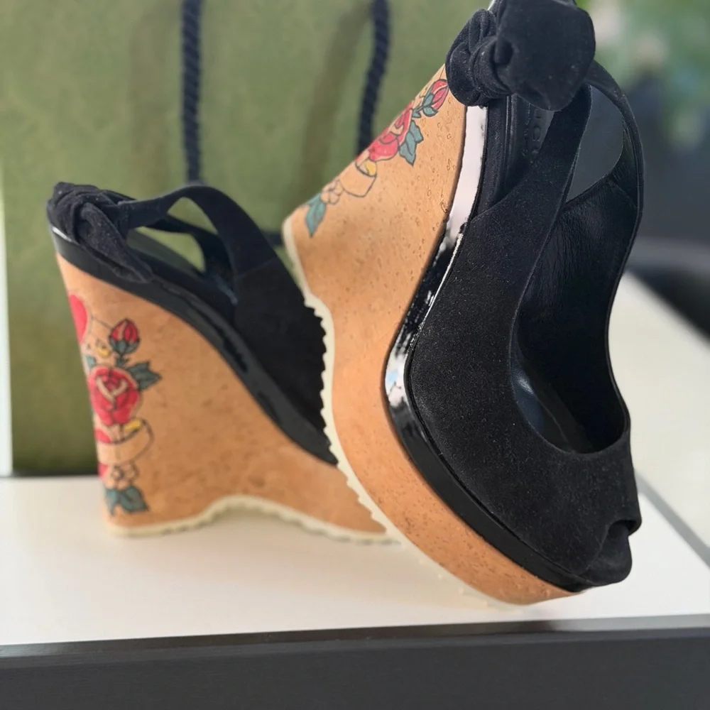 Gucci Black Suede Peep-Toe Cork Wedge Sandals